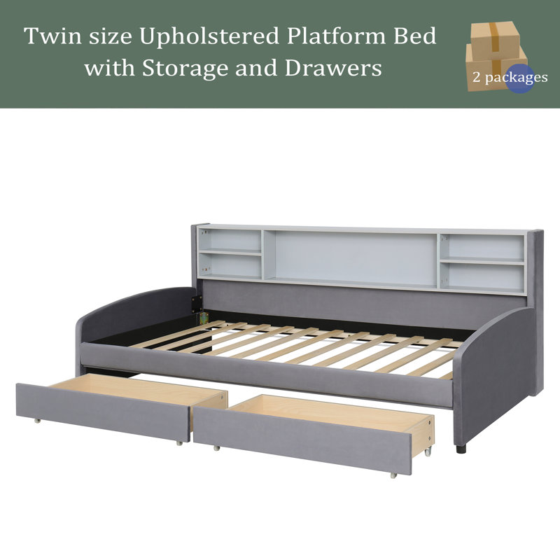 Twin Size Upholstered Platform Bed With Storage And Drawers, Gray