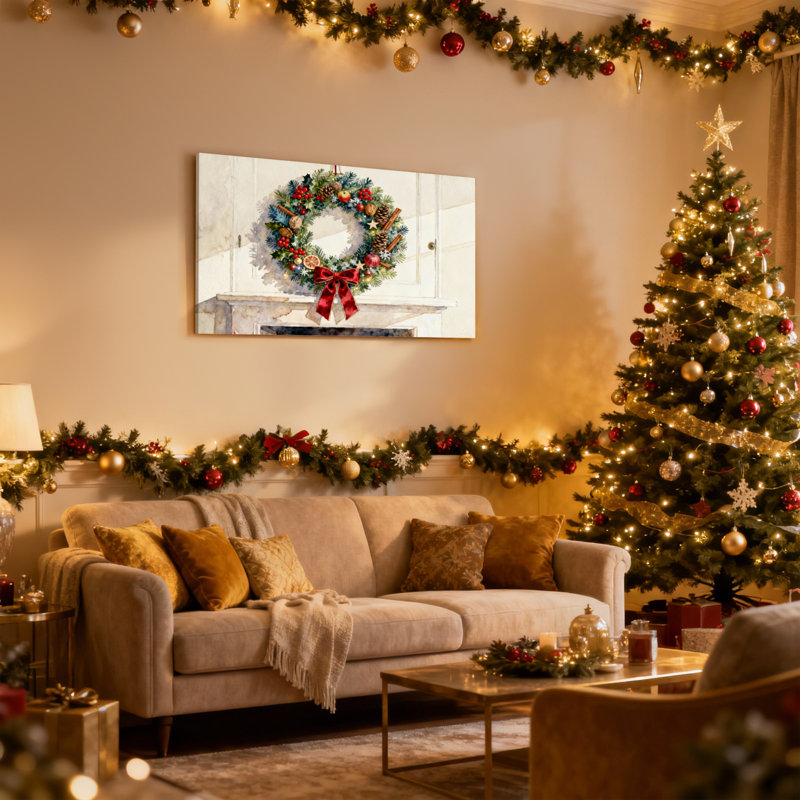 Guirlande de Noël sur cheminée, ensemble de 3 impressions d'art sur toile, H 20 po x l 30 po
