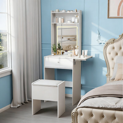 Small Vanity Desk with Mirror and Lights, Wooden Dressing Table with Fold-up Panel & Storage Stool, Makeup Vanity Set for Small Space, Bedroom