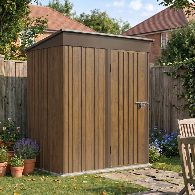 3x5 FT Outdoor Pent Roof Metal Garden Storage Shed, 3D Brown Wood Grain