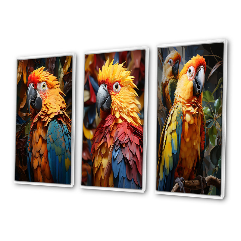 «Yellow Parrots Golden Conversations», ensemble de 3 reproductions d'art sur toile, Cadre flottant blanc, H 28 po x l 36 po