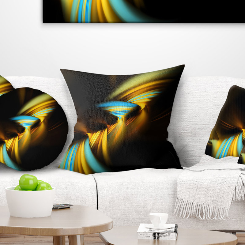 Fractal 3D Layers jaune bleu - coussin imprimé abstrait, 16 po x 1 po, Coussin décoratif