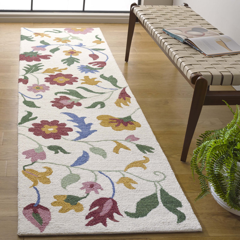 Abhinandan Hand Tufted Wool/Cotton Performance Floral Rug in Red/Green/Ivory, Runner 2'6" x 8'