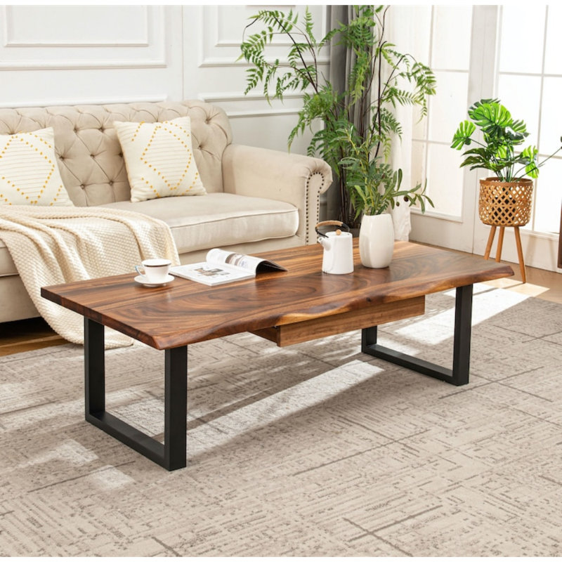 Table basse Live Edge avec pieds en U et noyer d'Amérique du Sud, avec rangement de tiroir, H 17,5 po x L 46 po x l 24 po