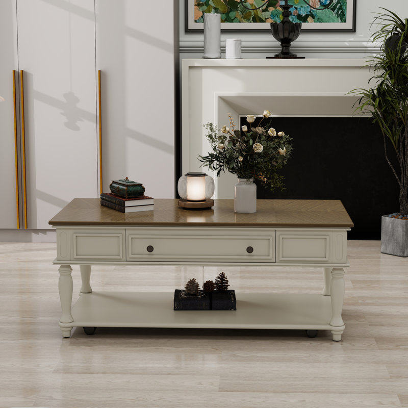 Farmhouse Coffee Table,Movable Rectangular Cocktail Table With Storage, Gray, White