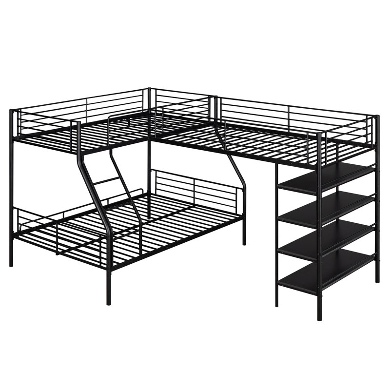 L-Shaped Metal Twin over Full Bunk Bed and Twin Size Loft Bed with Four Built-in Shelves,Black(Expected Arrival Time:11.15)