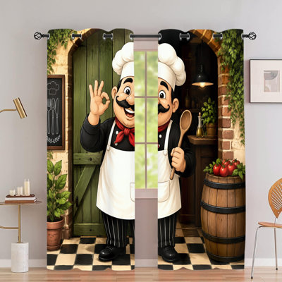 2Pcs Cartoon Chef Kitchen Food Element Grommet Blackout Curtains, Playful Chef And Food Illustration Design, Sun Blocking, Room Darkening, Noise Reducing, Privacy Protection, for Living Room Home Decor