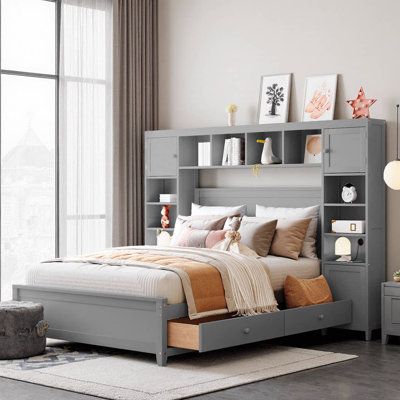 Lit double en bois avec armoire et tablette tout-en-un