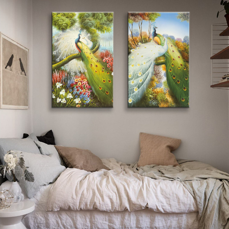 Paon vert avec fleurs de paon blanches, ensemble de 2 pièces sur toile, H 18 po x l 24 po