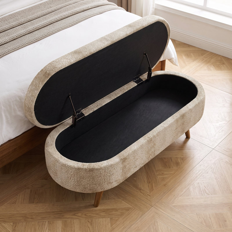 Repose-pieds ovale avec rangement en tissu plissé, pieds en bois d'hévéa massif et intérieur spacieux - Repose-pieds polyvalent, sièges supplémentaires et pièce décorative