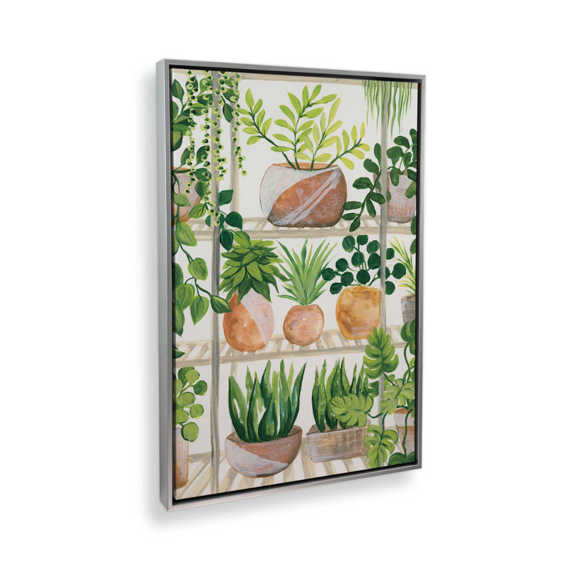 «Plants on Shelf» par Yvette St. Amant, reproduction d'art, H 32 po x l 24 po, Cadre flottant, Argent argent