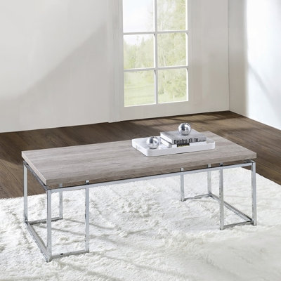 Table basse en chêne naturel moderne avec cadre chromé et tablette de présentation