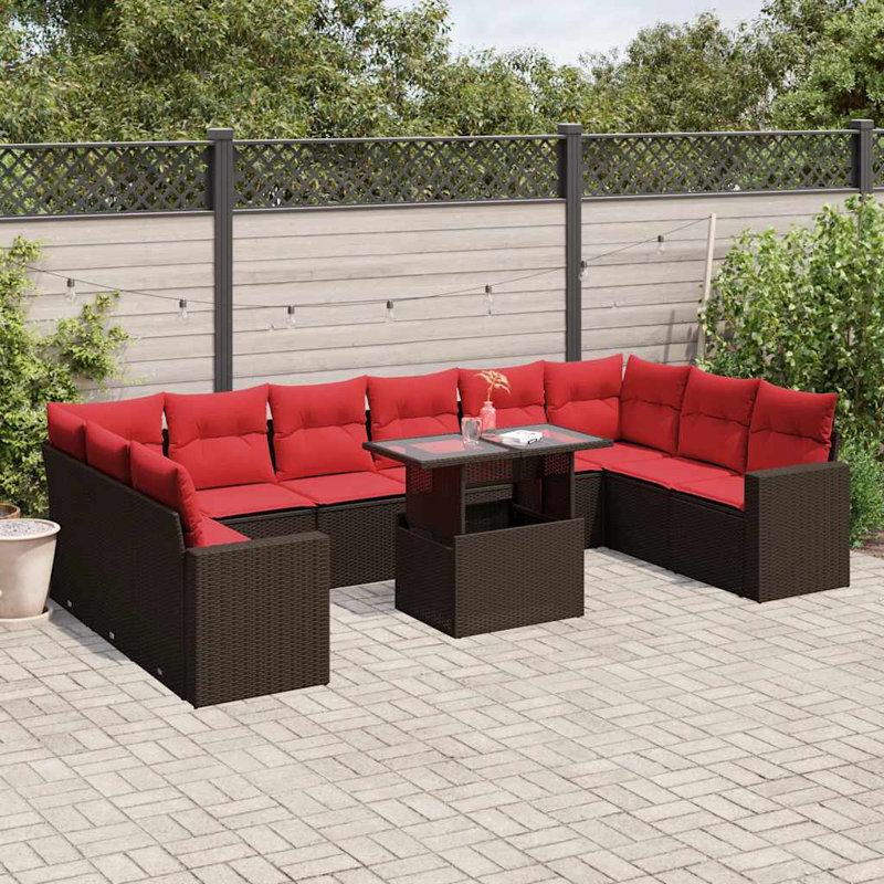 Ensemble de canapé de patio 11 pièces avec coussins en rotin de polyester, Rouge, Brun