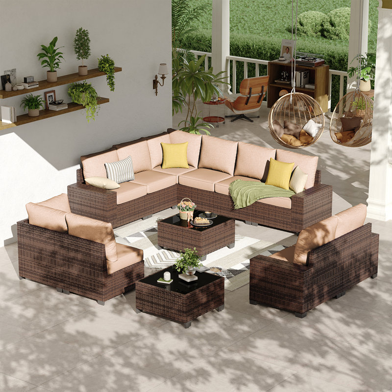 Ensemble de conversation d'extérieur en rotin pour 10 personnes avec coussins, Beige