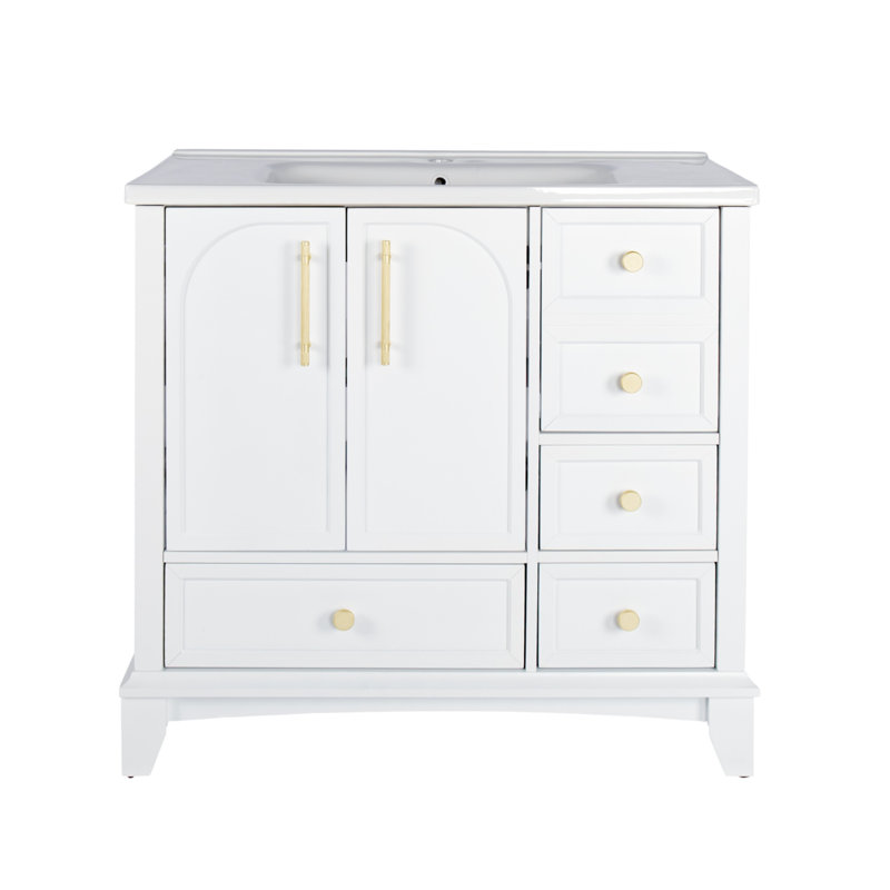 Meuble-lavabo autoportant de 35,6 po de style médiéval avec rangement, avec surface peinte en blanc, Blanc
