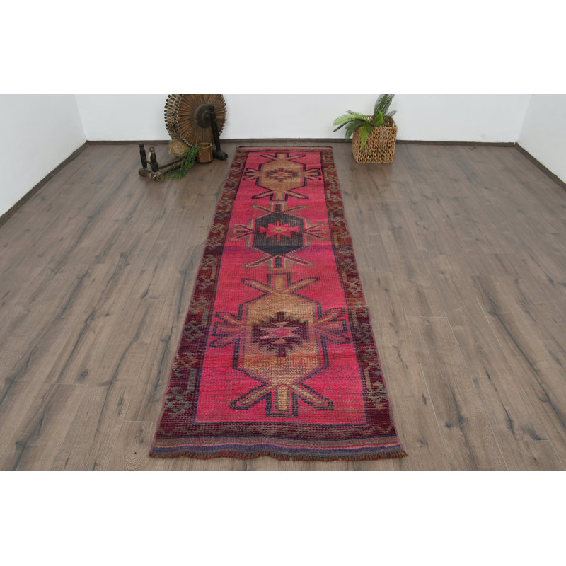 Tapis de couloir en laine rouge 33,5 x 155,9 pouces, conception unique faite à la main