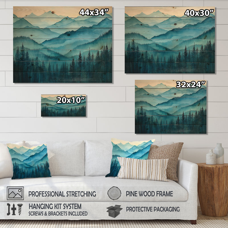 Woodland Peaks II - Landscape Mountains Wood Wall Art - On Natural Pine Wood, 10" H x 20" W x 0.78" D