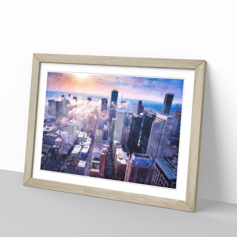 Houston Texas Skyline - Picture Frame Painting Print, 33cm H x 45cm W x 2cm D, Oak Framed