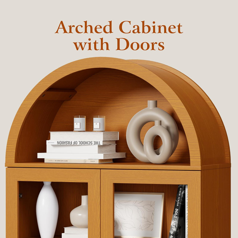 71" Arched Bookcase Cabinet, 5-Tier Wood Bookshelf with Sliding Tambour Door, Large Fluted Kitchen Pantry with Storage and Adjustable Shelf