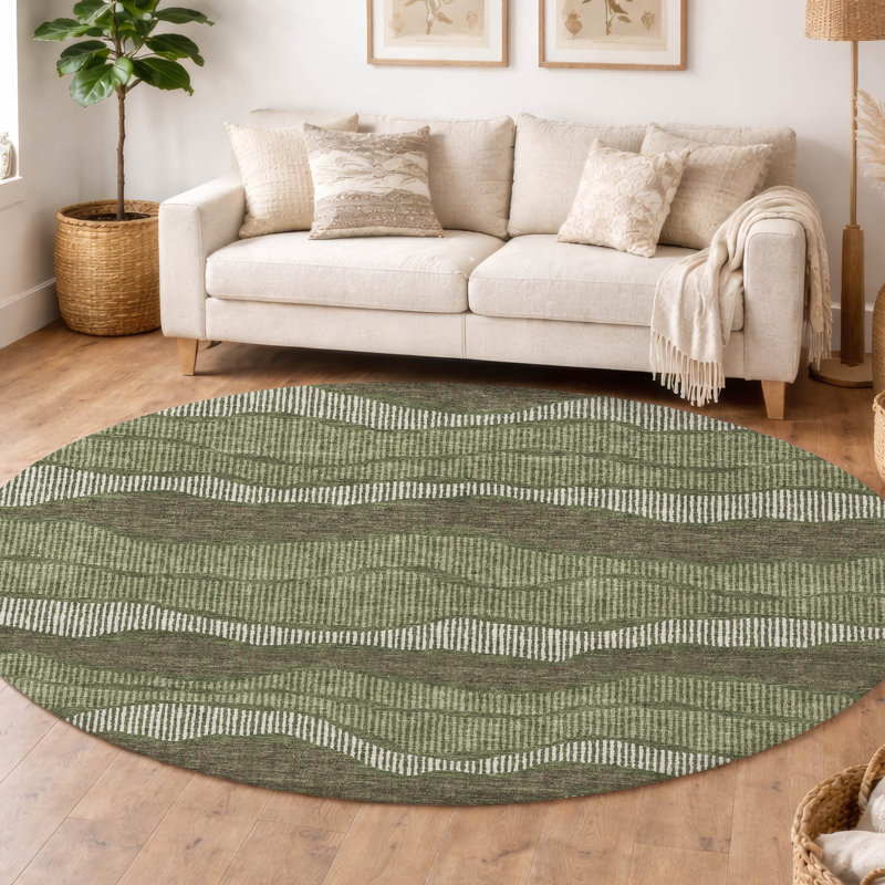 Machine Washable Indoor/Outdoor Chantille ACN2849 Stripes Rug, Olive, 8' Round
