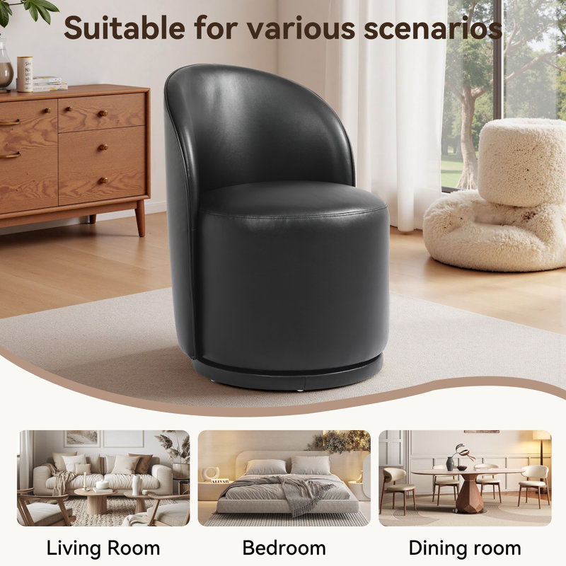 PU Leather Barrel Swivel Armless Dining Chair, Black