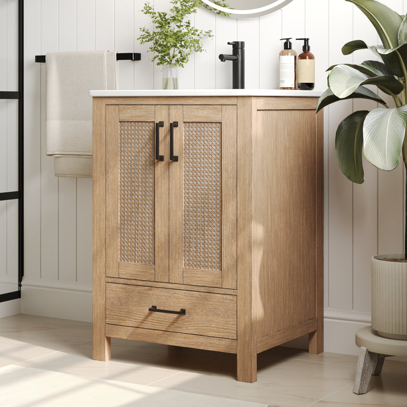 Meuble-lavabo simple 24 po avec plateau en céramique, portes à fermeture en douceur et tiroir