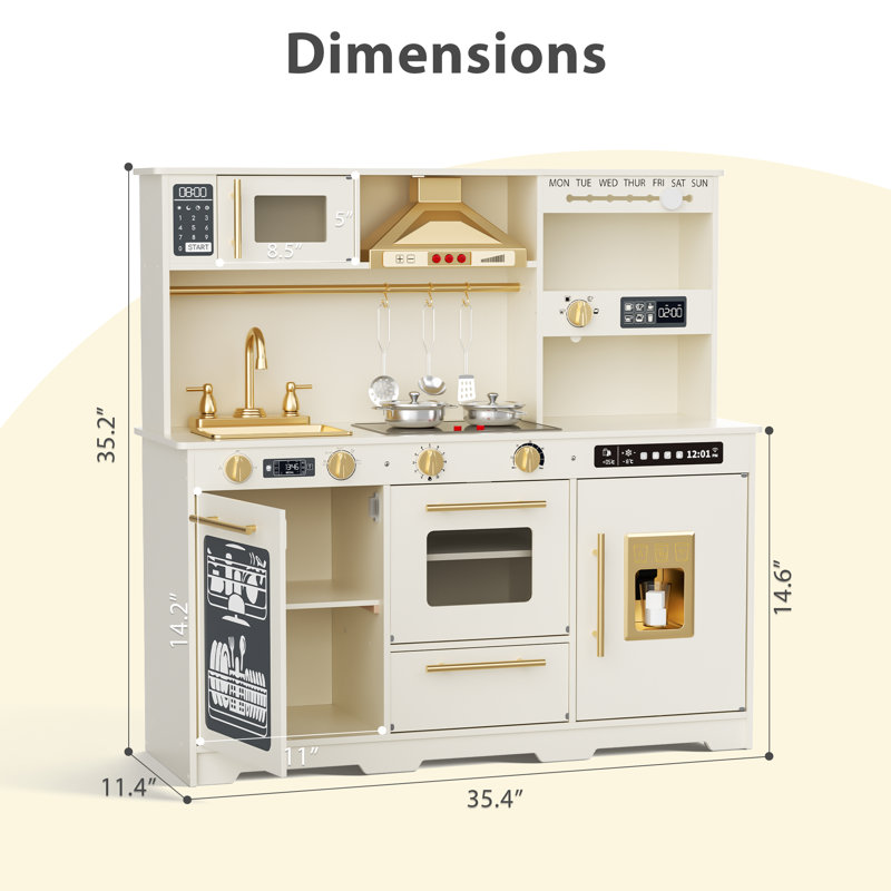 Cuisine en bois pour enfants avec machine à glaçons, cafetière et accessoires, Beige