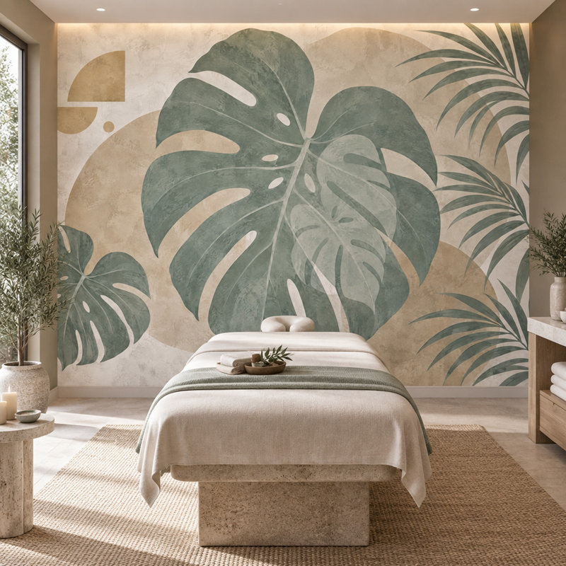 Papier peint botanique vert sauge feuilles tropicales, 140 po x 108 po, Non tissé