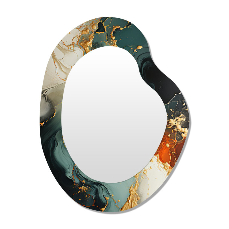 Harriette tempête de pierre blanche, bleue et orange IV - peinture abstraite de forme irrégulière, miroir mural décoratif asymétrique orange, impression sur métal