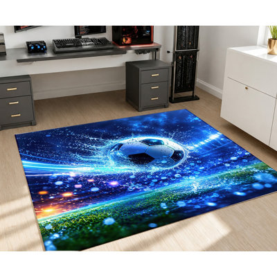 Dynamic Action Soccer Ball Machine Washable Area Rug with Non‑Slip Backing, Blue Splash Water Pattern Floor Carpet, Cozy Indoor Home Decor for Living Room, Bedroom, Game Room, Man Cave, Apartment