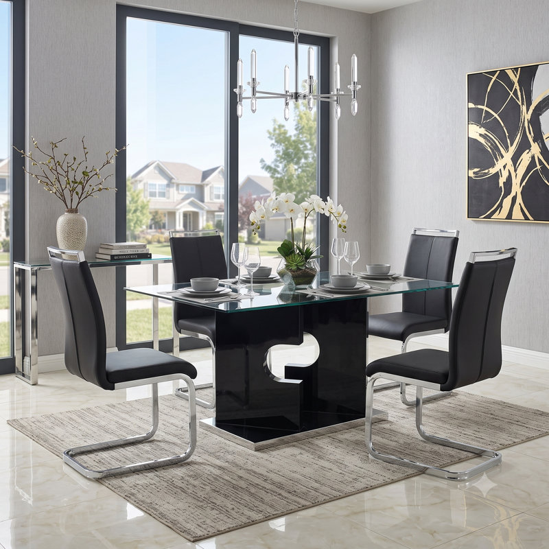 63"  Dining Table Set, Glass Dining Room Table Set with Open-Frame Legs and PU Leather Chairs, Black