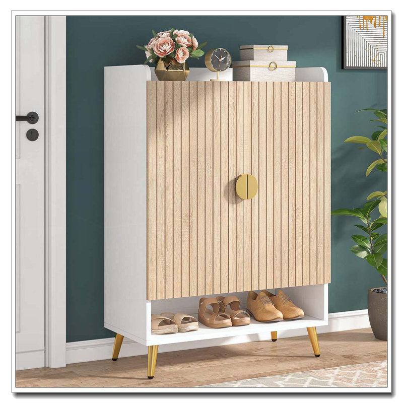 Wooden Shoe Cabinet With Doors, 7-Tier Shoe Storage Organizer, White/Natural