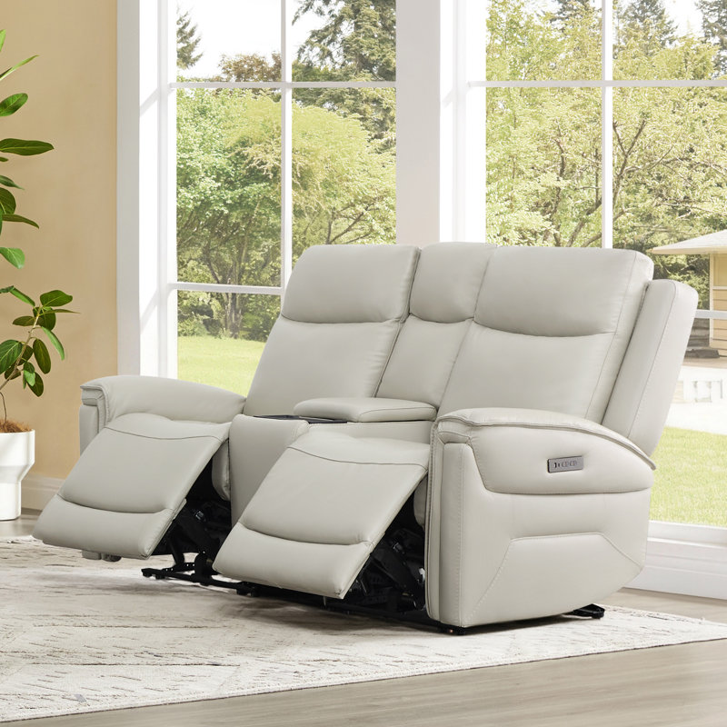 Super Zero-Gravity Genuine Leather Dual Motor 2PC Power Sofa With Power Headrest & Multi-Function Console, Light Gray