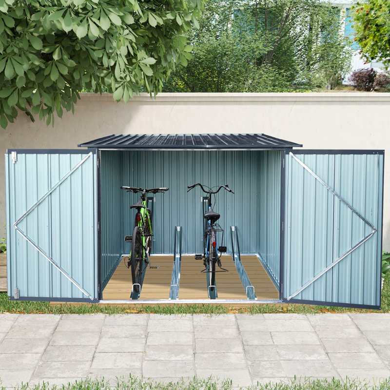 Remise de rangement extérieure en acier pour vélo avec toit incliné et 4 voies à vélo