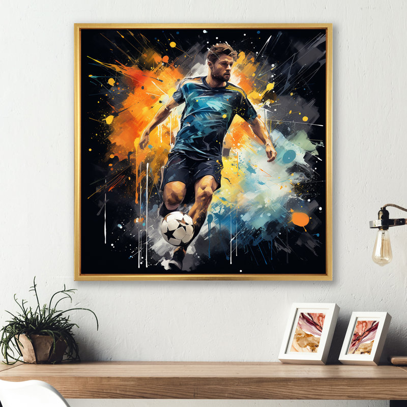 Joueur de football vert et jaune I - soccer, art mural, Cadre flottant doré, H 36 po x l 36 po