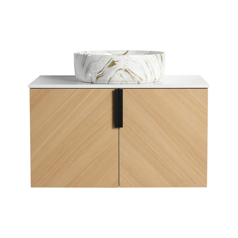 Meuble-lavabo de 30 po avec lavabo d'art en céramique et dalle de pierre artificielle, 2 portes à fermeture douce, 30"