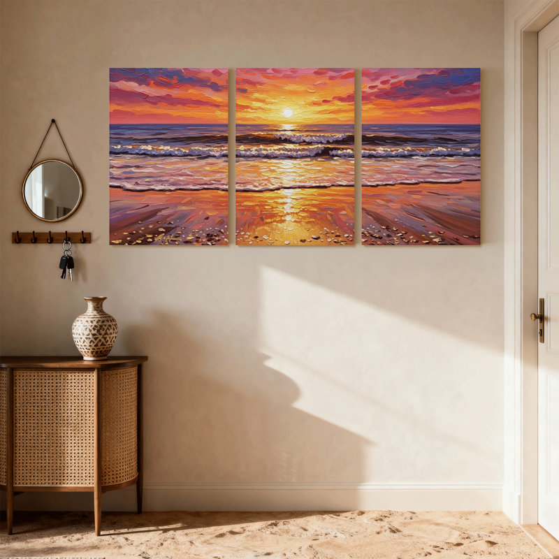 Nautique et plage coucher de soleil océan vagues plage ciel reflets couleurs horizon ensemble de 3 impressions d'art sur toile