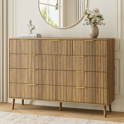 55.1" W Fluted 9-Drawer Double Dresser For Bedroom, Modern Chest Of Drawers With Deep Drawers, Curved Profile Design, Wood Drawer Organizer For Living Room, Hallway, Nursery, Hallway Closet