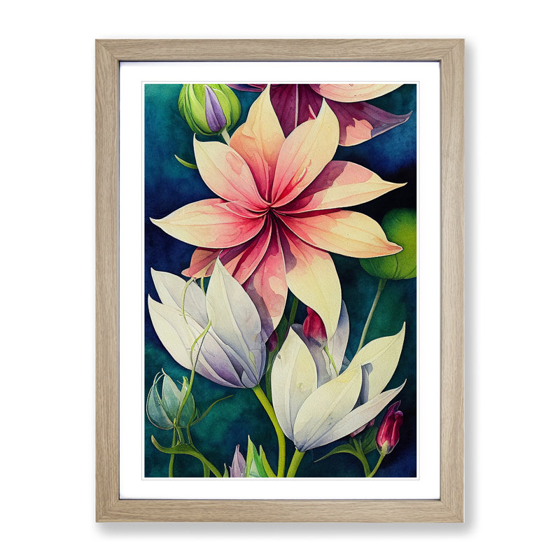Beautiful Watercolour Flowers No.6 - Wall Art, 36cm H x 27cm W x 2cm D, Oak Framed, White