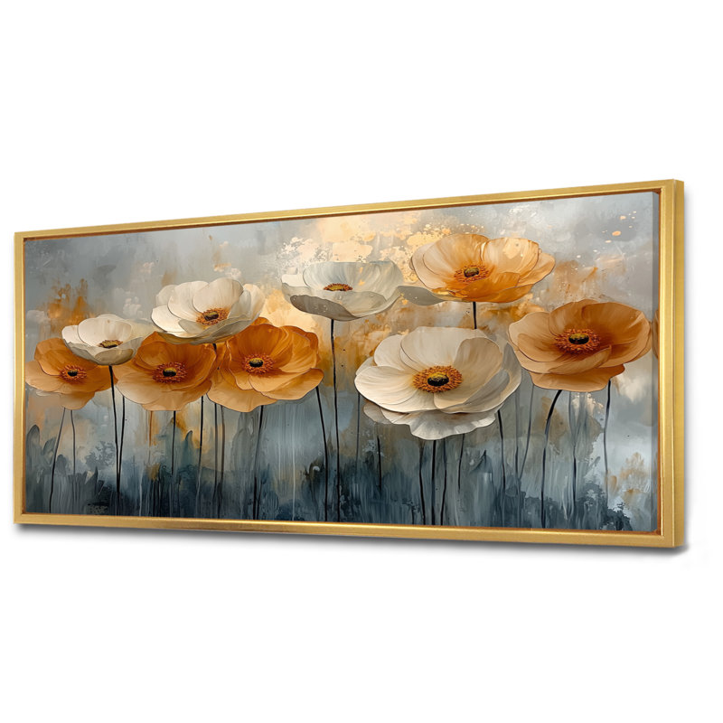 Lueur dorée de fleurs de renoncule champ I - Renoncule, art mural, H 28 po x l 60 po, Cadre flottant doré