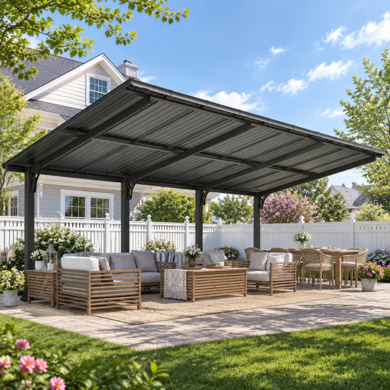 Pergola d'extérieur à toit rigide pour terrasse, 97.8" H x 142.56" W x 118.56" D