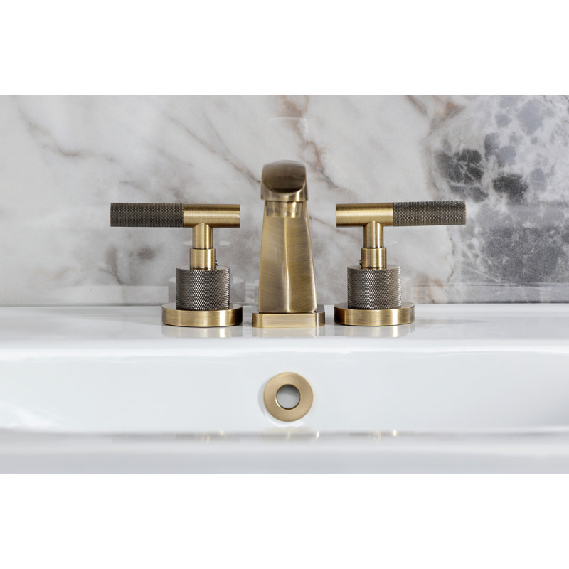 Robinet de salle de bain espacé à deux poignées à fixation sur le comptoir avec poignée moletée et bonde escamotable en laiton Kingston