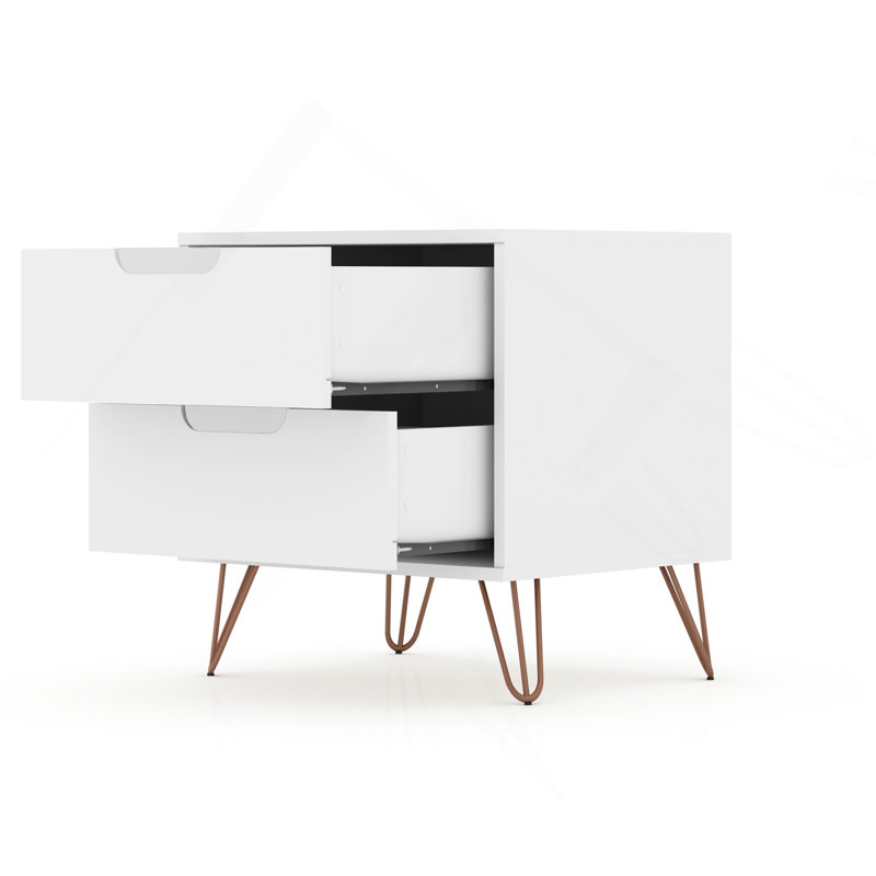 Table de chevet 20 po Rockefeller en blanc (2 tiroirs), Blanc, bronze
