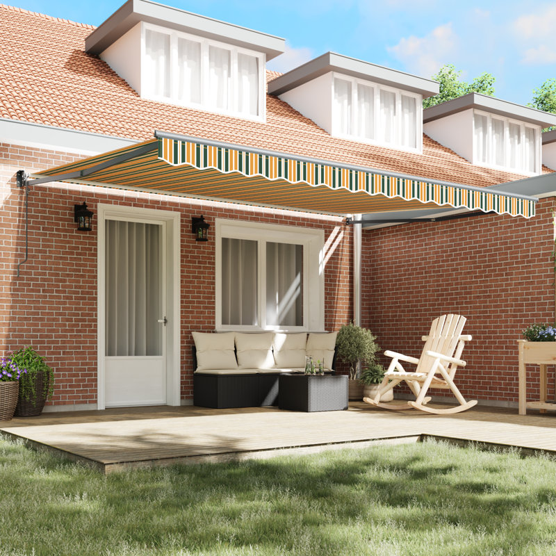 Brayden Studio Retractable Patio Awning, 450 cm W x 300 cm D, Green/Yellow Striped