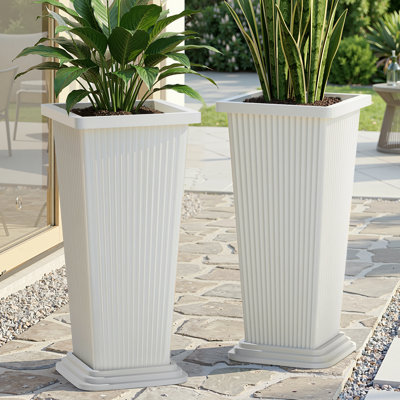 24'' H Rectangular Tall Planter with Tray (Set of 2) for Indoor/Outdoor Use