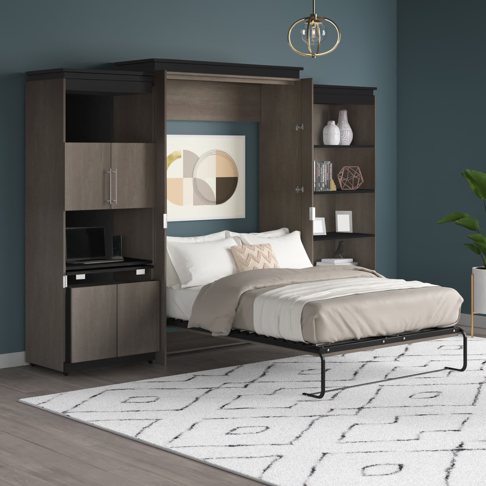 Wade Logan® Camalla Queen Murphy Bed with Shelving and Fold-Out Desk ...