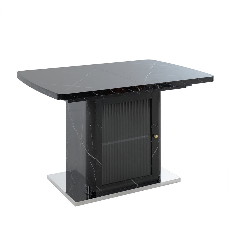 Table de salle à manger rectangulaire moderne de 47,24 "à 63" extensible: plateau en marbre noir imprimé, pieds d'armoire de rangement, base en métal