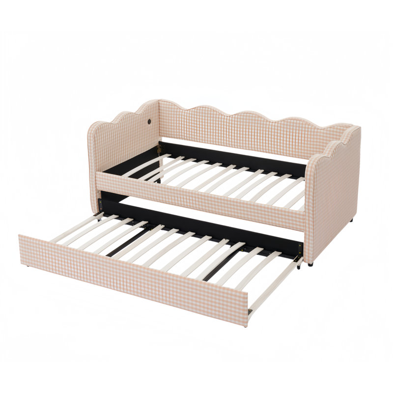 Lit de jour adorable simple en tissu de lin en forme de vague avec passe-tringle et port USB, aucun sommier nécessaire, Rose