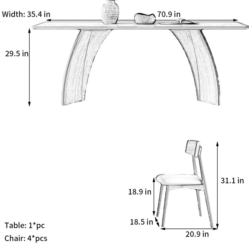 Ensemble de salle à manger en noyer et bois ardoise, H 29,5 po x L 70,9 po x l 35,4 po