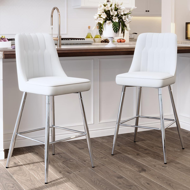 Bar Stools Set of 2,Counter Height Bar Stools with Back,Modern Faux Leather Kitchen Stools, White/Silver, 2